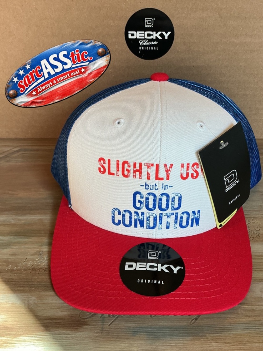 sarcASStic brand – “Slightly Used But In Good Condition”  Decky 6021 RWB Trucker